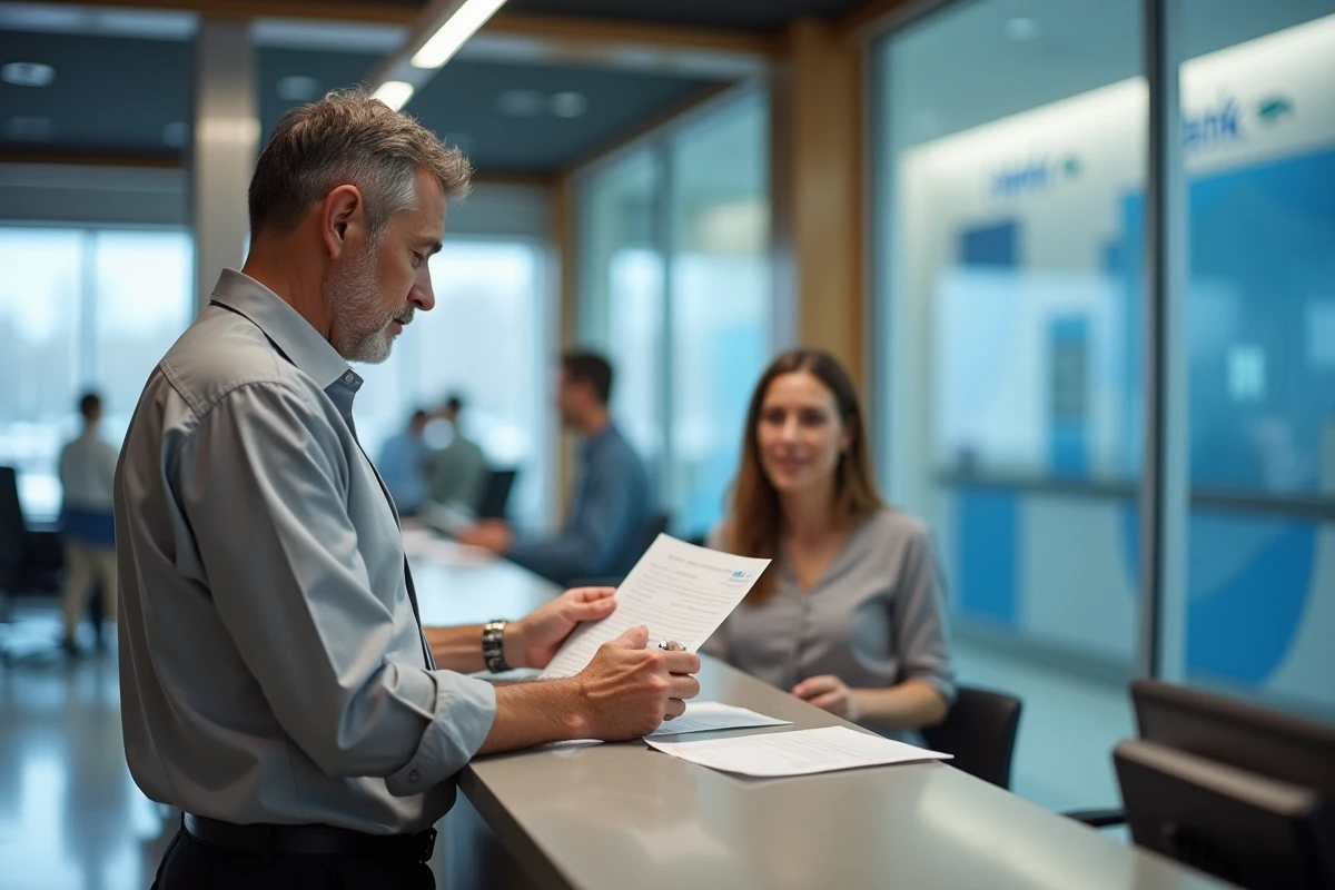 Client en train d'effectuer un virement important au guichet d'une agence La Banque Postale