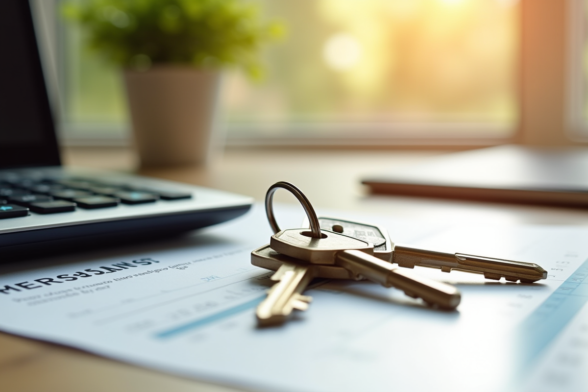 Clés de maison posées sur une calculatrice de prêt immobilier