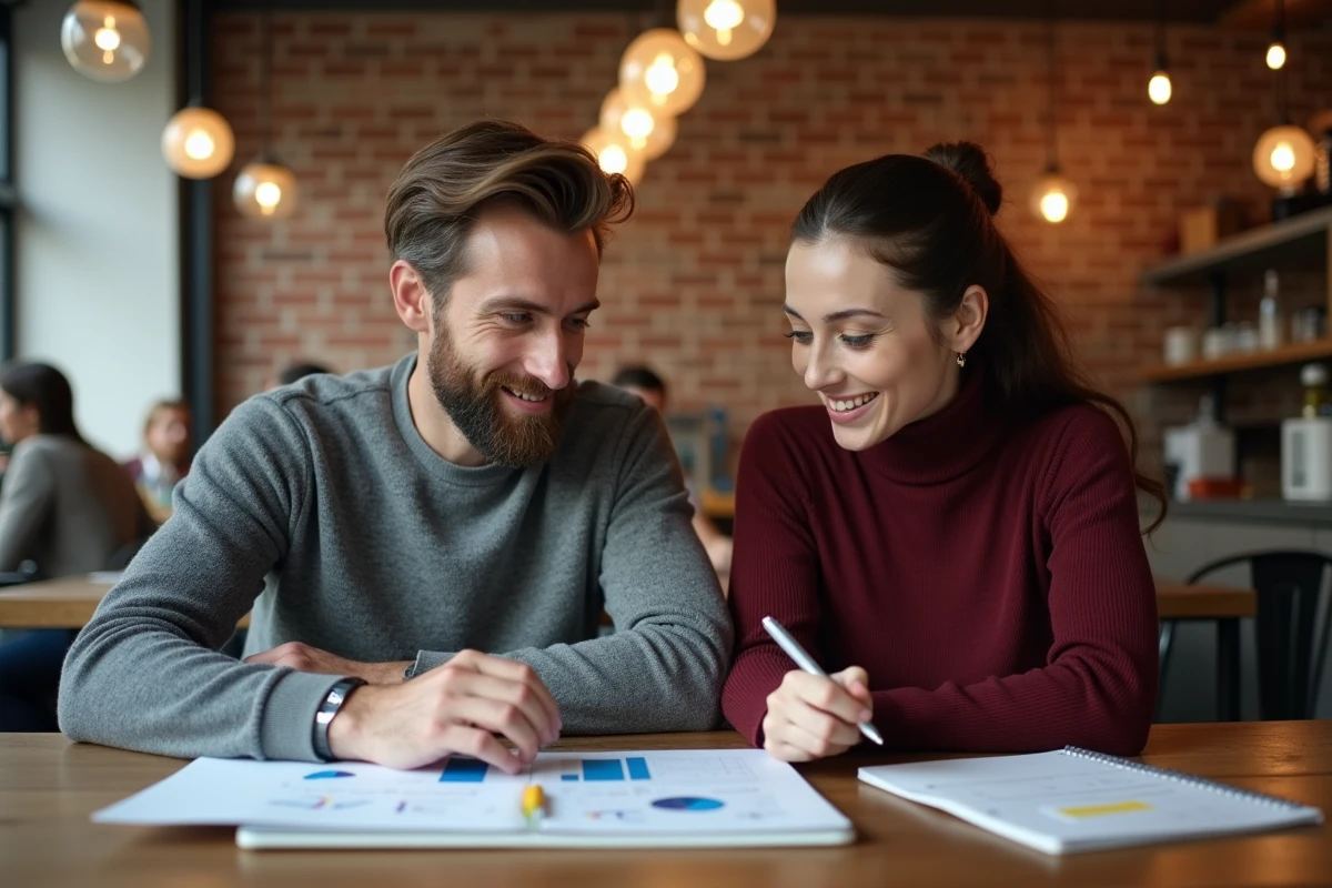 Deux collègues collaborant sur des tableaux de bord de calcul ROI dans un espace de co-working au style café avec murs en briques apparentes