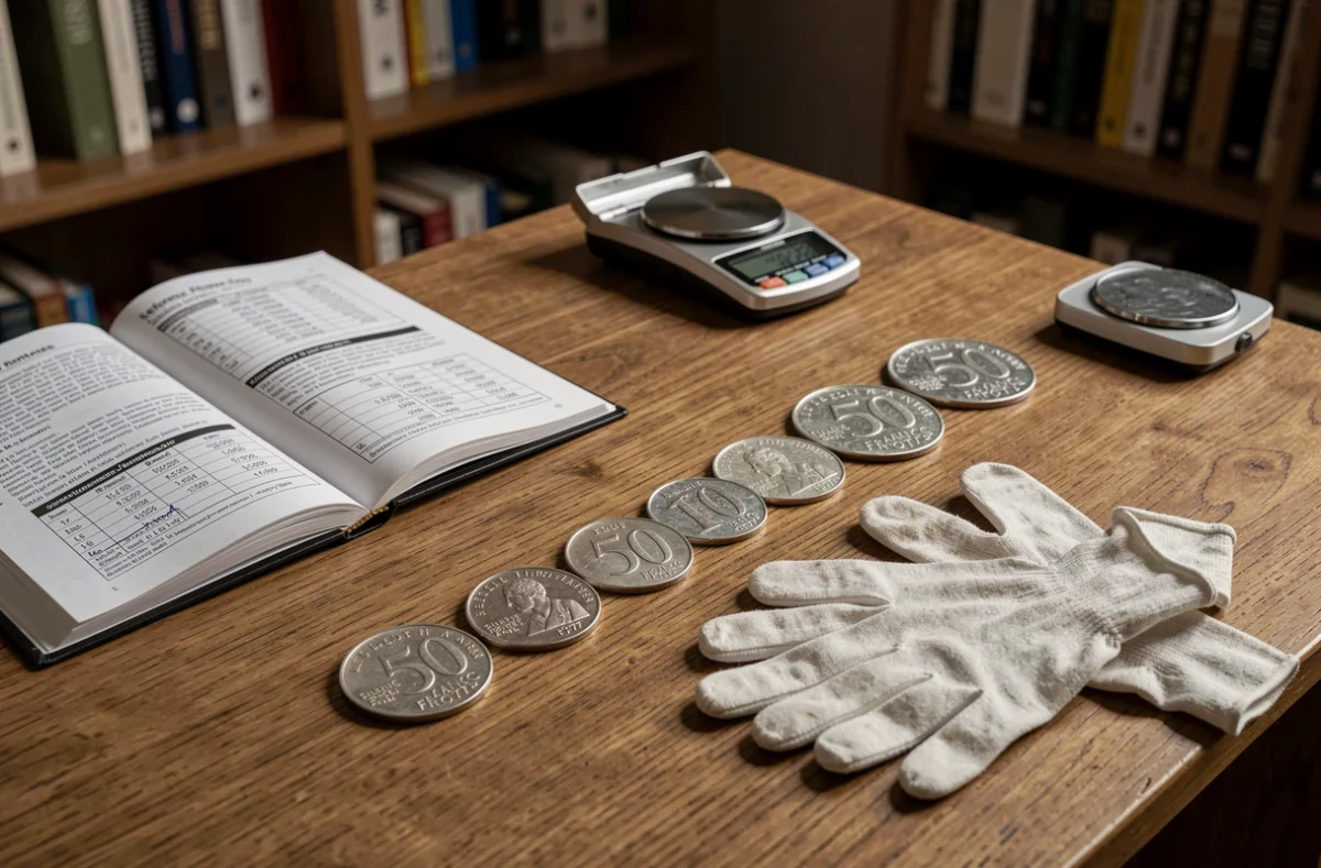 Bureau de numismate avec plusieurs pièces 50 francs argent 1977 et guide de cotation