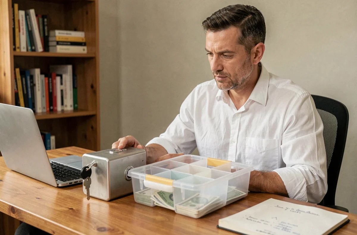 Entrepreneur comparant deux modèles de caisses à monnaie sur un bureau en bois dans un bureau à domicile