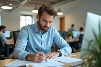 Homme en chemise bleue comparant des fiches de paie et un contrat de travail à son bureau, illustrant la comparaison salaire brut net CDI CDD intérim 2026