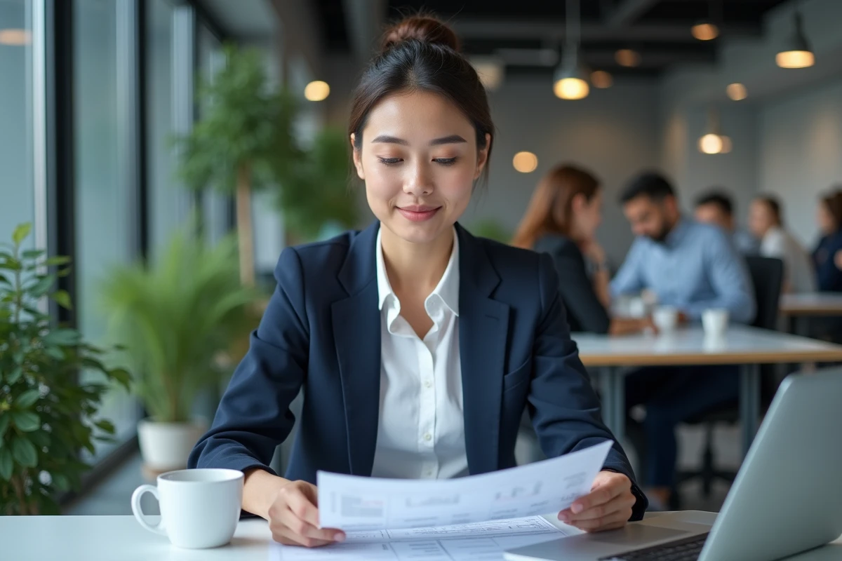 Comptable diplômée bac+8 travaillant sur des rapports financiers dans un bureau moderne en 2026
