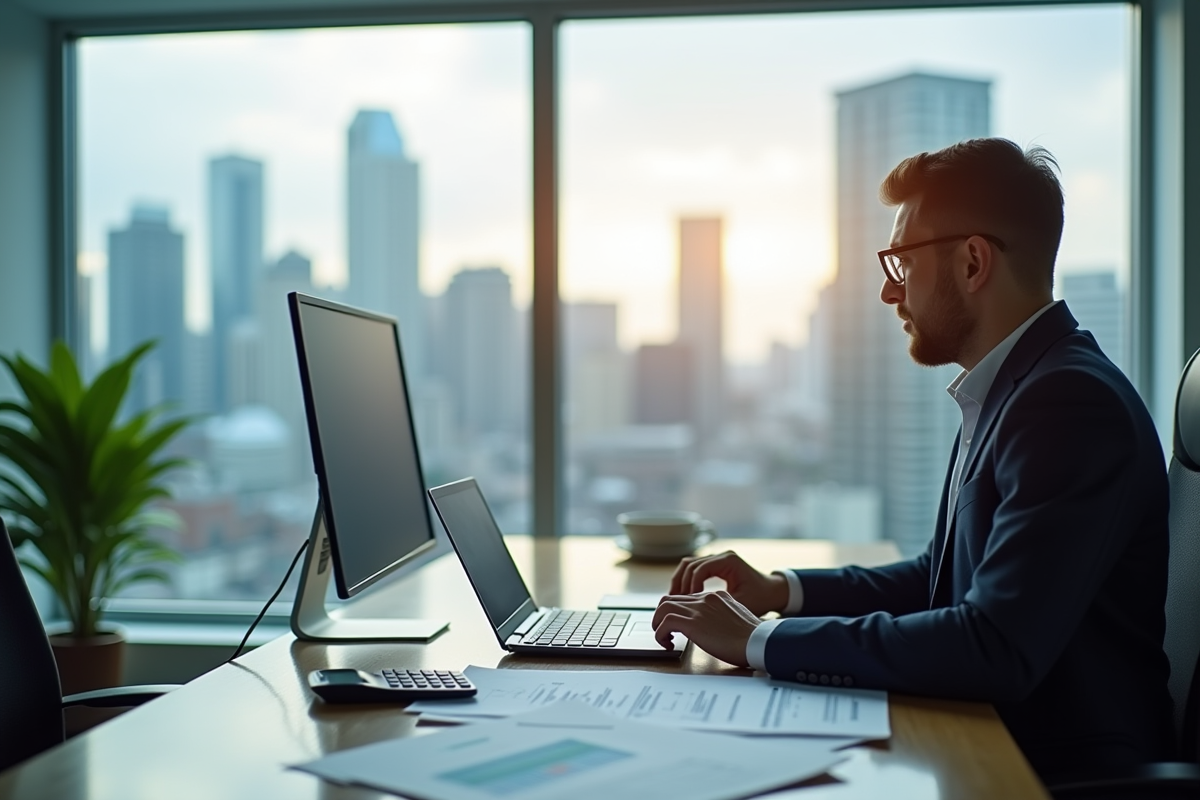 Comptable au bureau avec documents financiers et vue sur Montreal