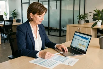 Comptable femme examinant un tableau TVS 2026 sur ordinateur portable dans un bureau d'entreprise moderne
