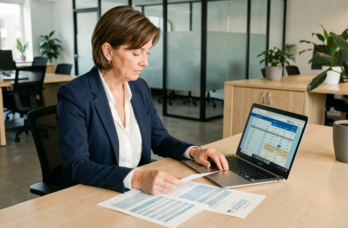 Comptable femme examinant un tableau TVS 2026 sur ordinateur portable dans un bureau d'entreprise moderne