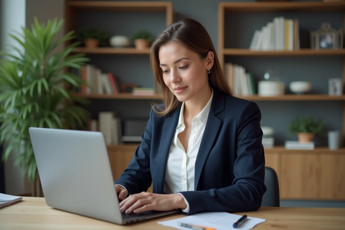 Femme professionnelle connectée à son espace bancaire en ligne Rives de Paris Banque Populaire sur un ordinateur portable