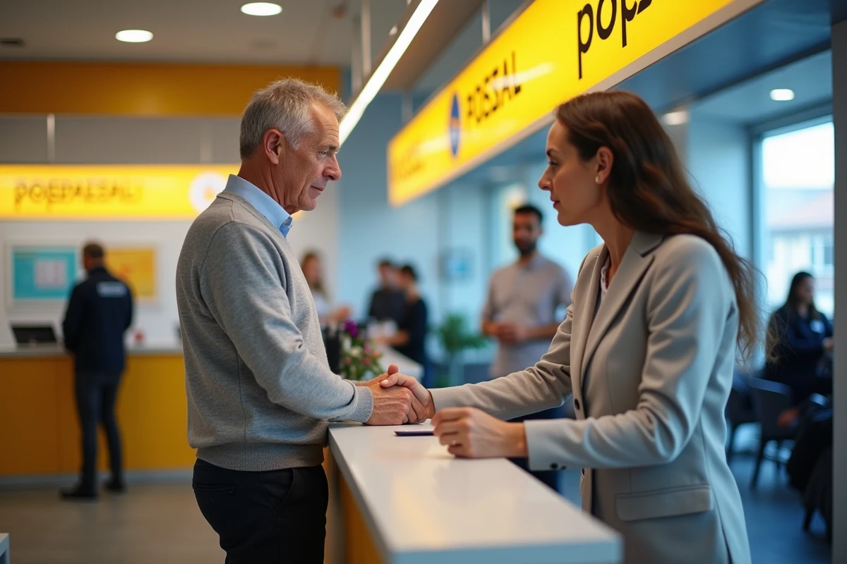 Client en discussion avec un conseiller La Banque Postale en agence pour une réclamation