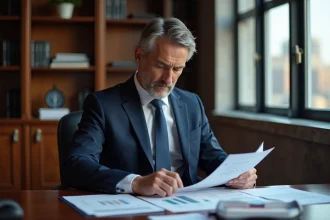 Conseiller en banque privée BNP analysant des documents de gestion de patrimoine dans un bureau élégant