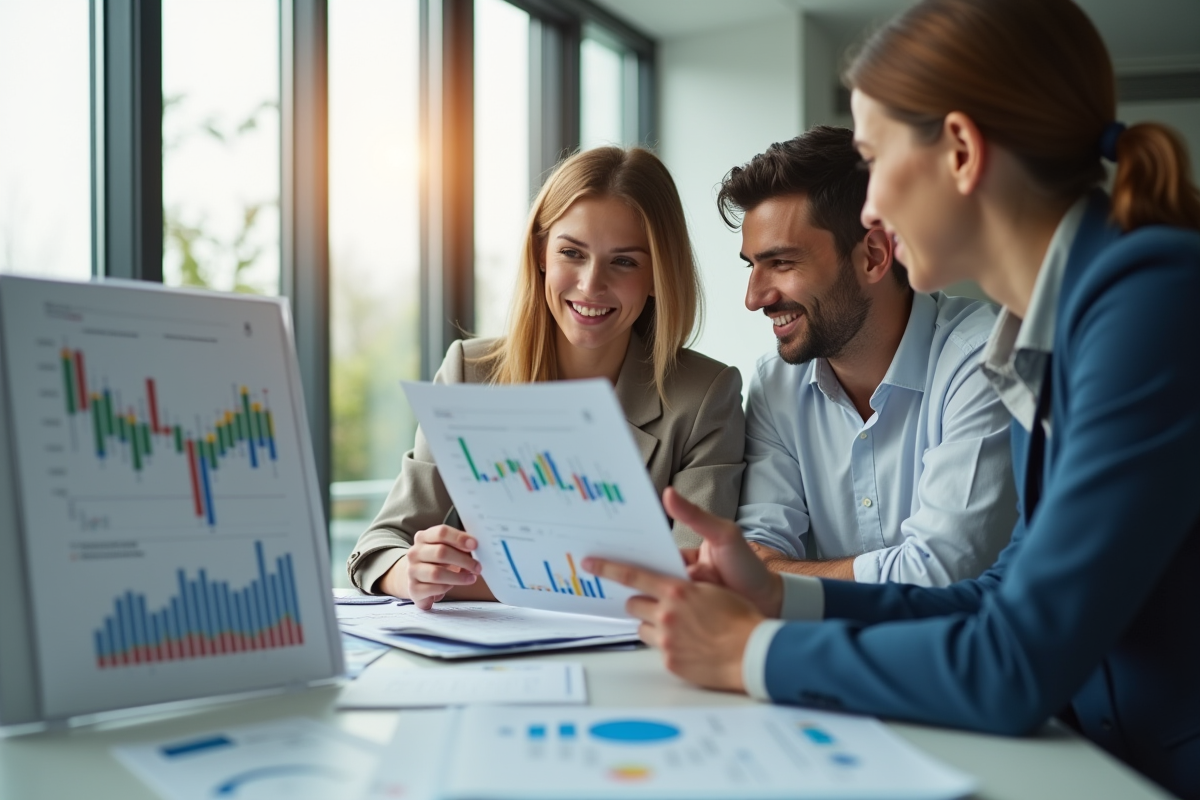 Conseiller financier expliquant des graphiques à un jeune couple
