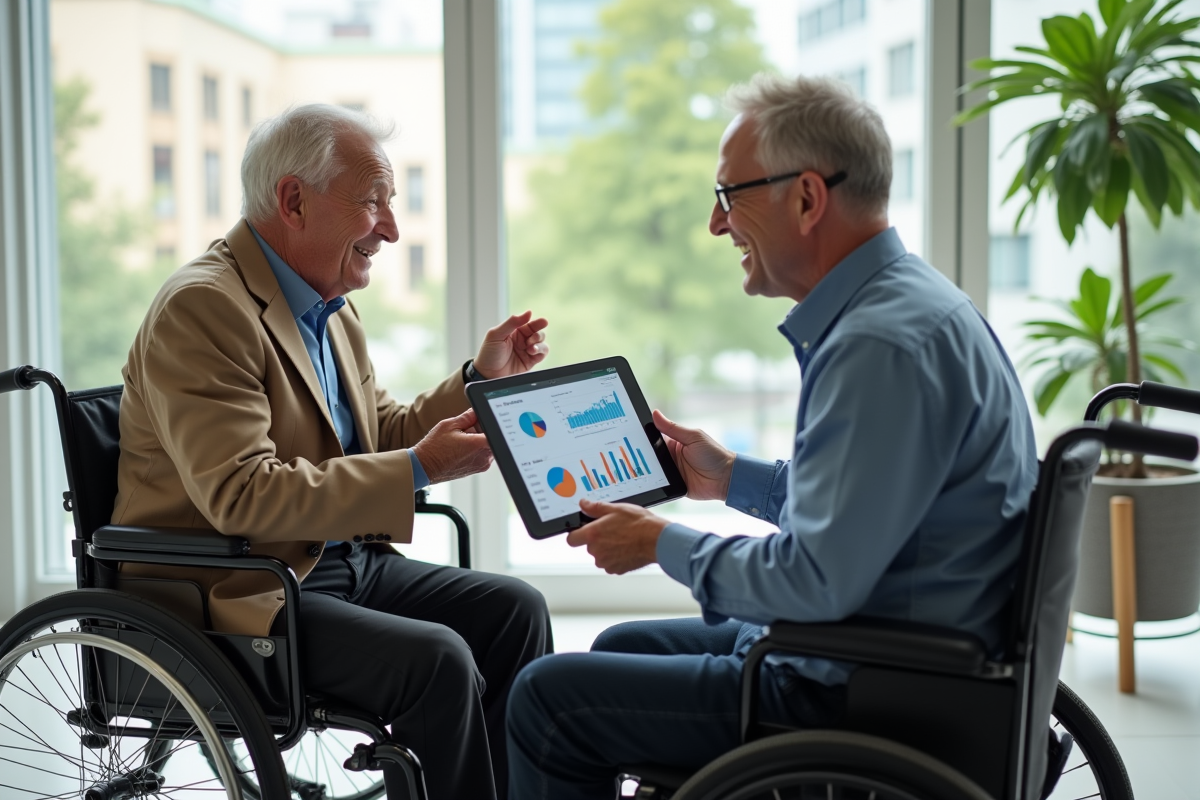 Conseiller financier montrant des graphiques a un homme en fauteuil