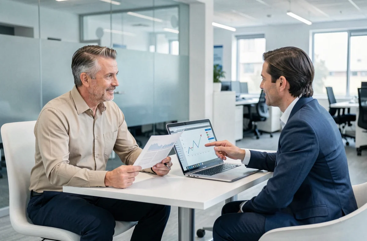Homme en rendez-vous avec un conseiller financier pour discuter du rachat de son contrat d'assurance vie