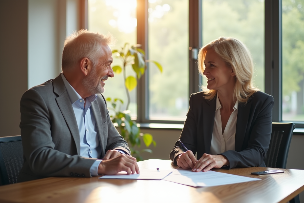 Couple de conseillers financiers dans un bureau lumineux