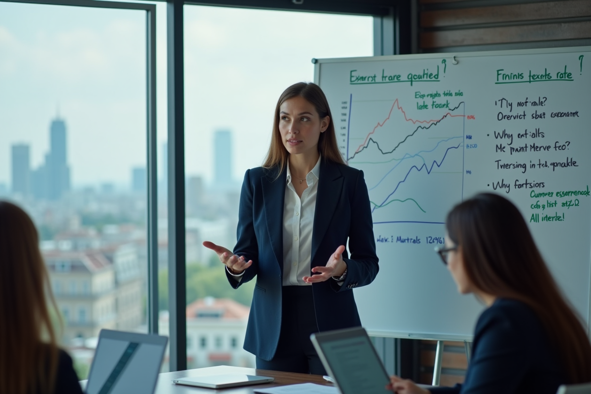 Consultante en finance expliquant des graphiques en réunion