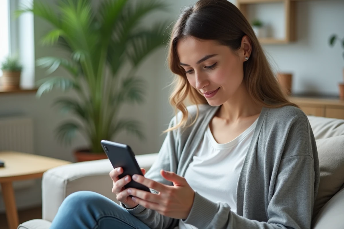Femme contactant le service réclamation de La Banque Postale via une application mobile sur smartphone