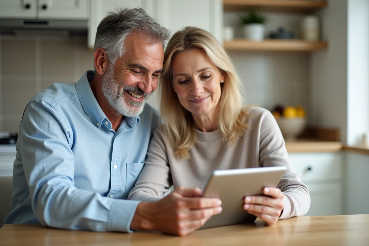 Couple vérifiant leurs opérations bancaires sécurisées sur une tablette depuis leur domicile grâce à l'identification forte LCL