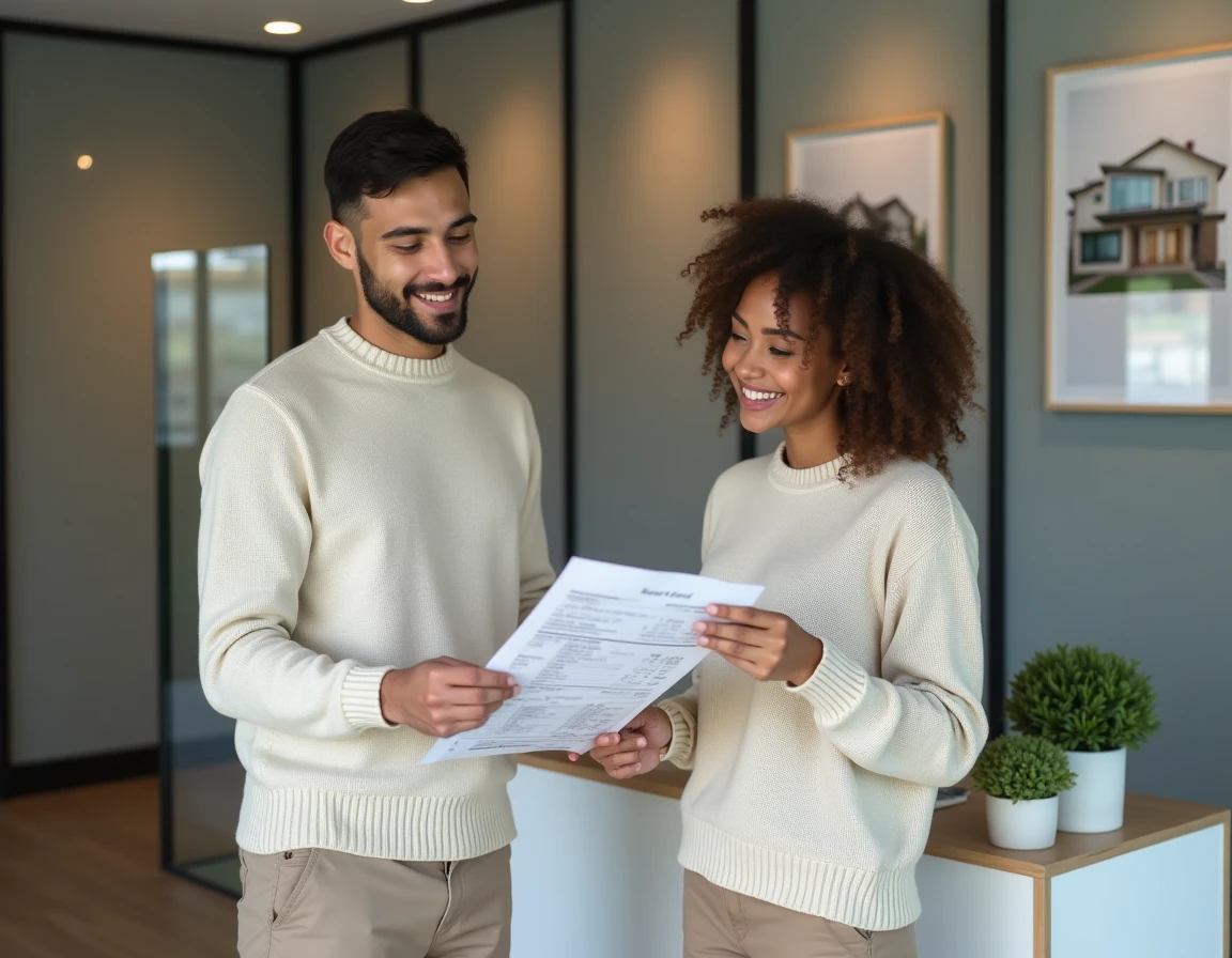 Couple en agence immobilière examinant des documents liés au plafond du livret LEL pour un premier achat en 2026