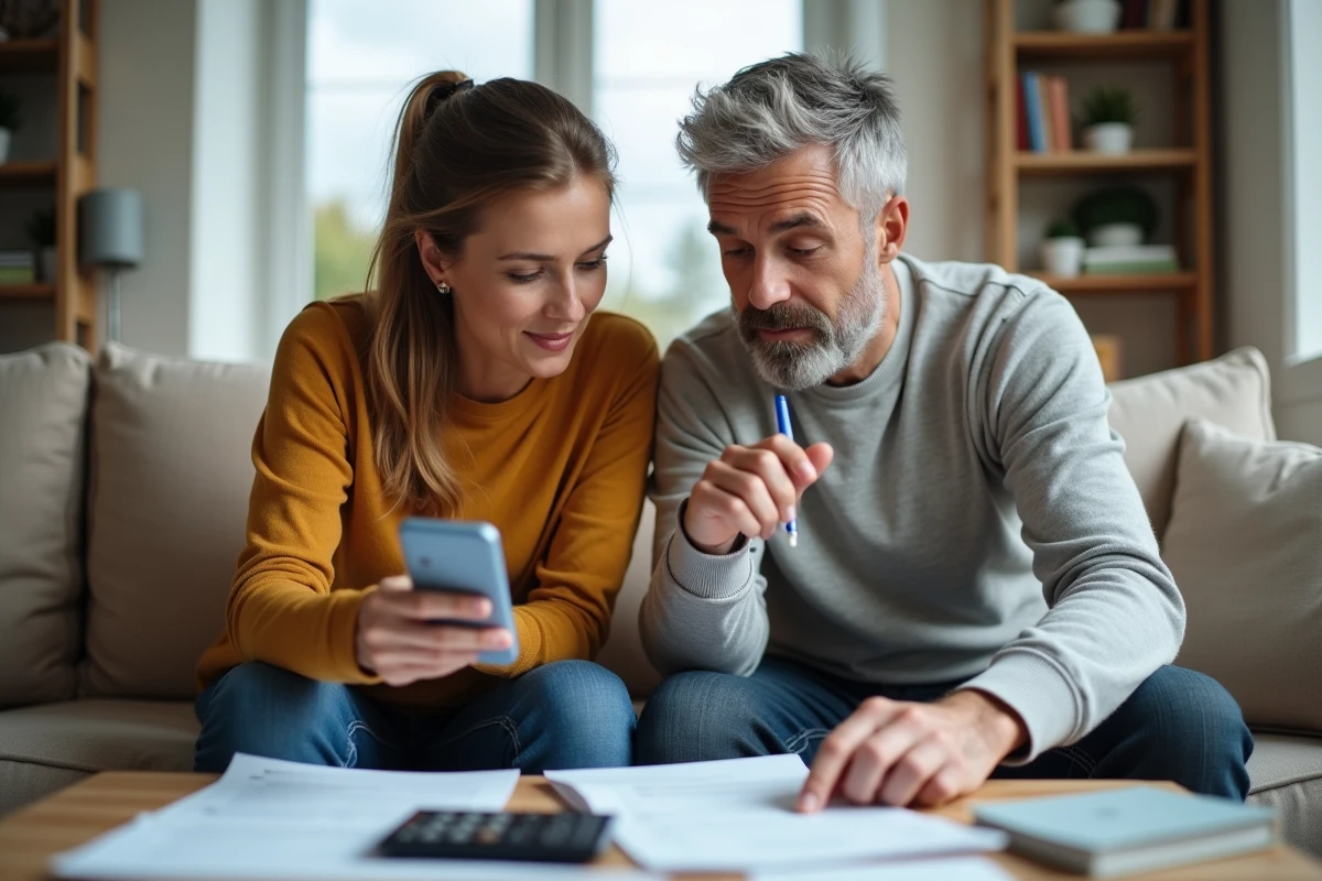 Couple consultant les documents Cetelem et appelant le service client pour gérer un crédit en retard de paiement