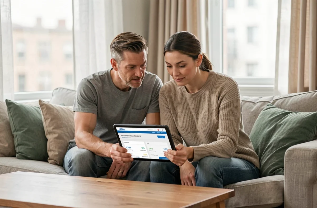 Couple examinant ensemble des options d'assurance moins chères sur une tablette dans leur salon confortable