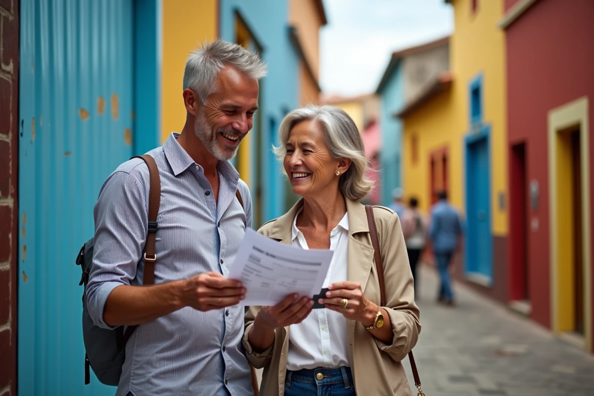 Couple de voyageurs planifiant leur budget en pesos argentins devant les maisons colorées du Caminito à Buenos Aires