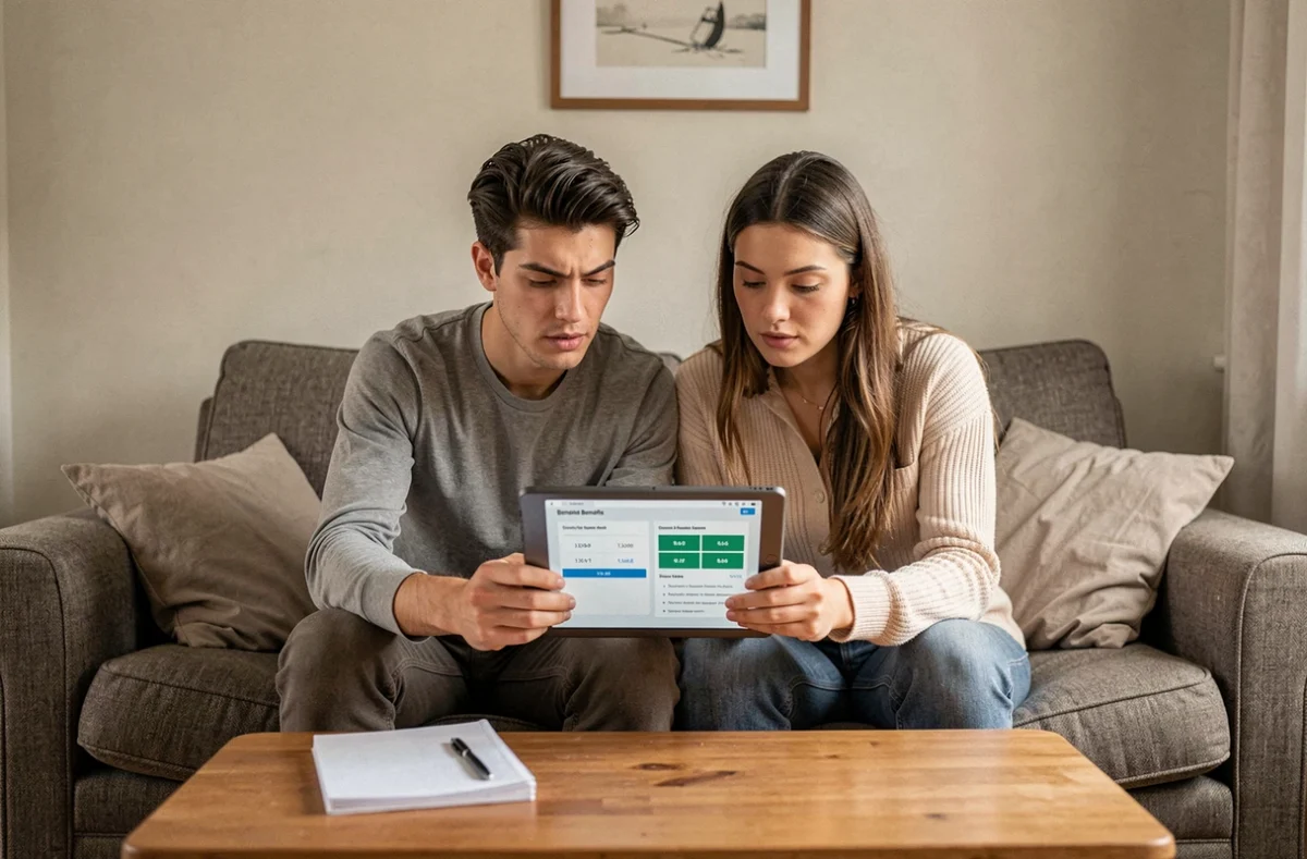 Couple de jeunes actifs calculant leur éligibilité à la prime d'activité sur une tablette dans leur salon