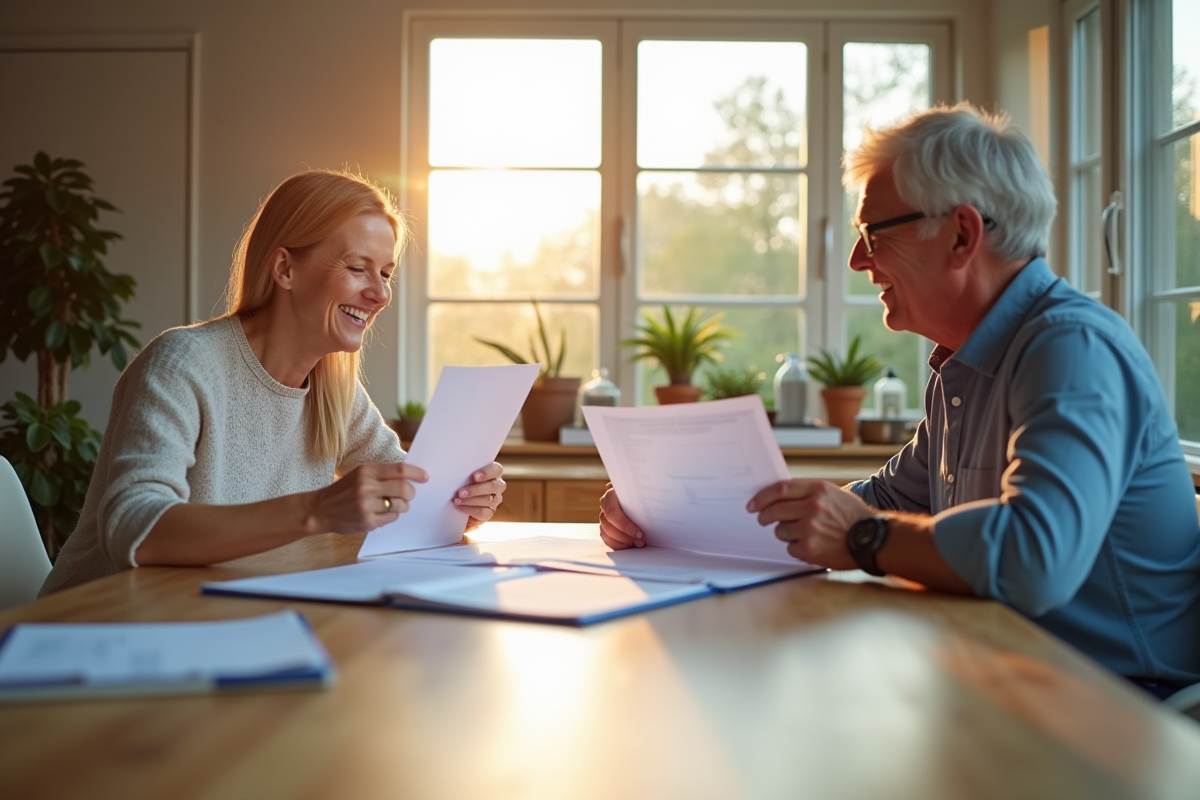 Couple souriant avec documents de prêt immobilier