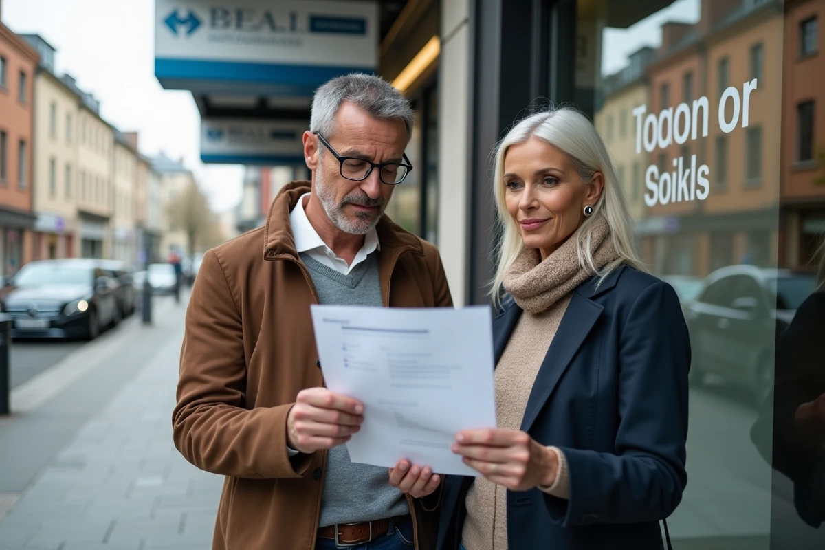 Couple examinant un devis d'assurance auto devant une agence bancaire, comparant les offres Pacifica et des grandes banques