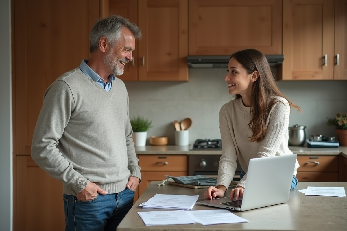 Couple discutant finances dans une cuisine chaleureuse