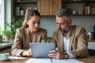 Couple d'adultes discutant de documents à la maison