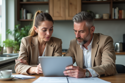 Couple d'adultes discutant de documents à la maison