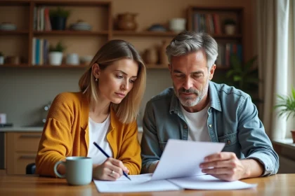Couple en train d'étudier un contrat de prêt immobilier à domicile, comparant les options Casden et hypothèque classique