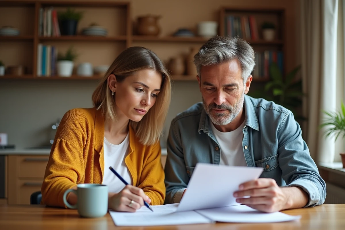 Couple en train d'étudier un contrat de prêt immobilier à domicile, comparant les options Casden et hypothèque classique