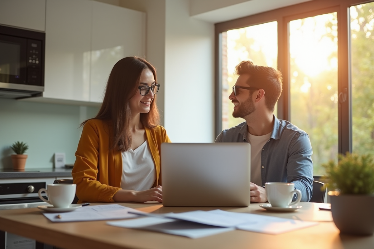 Jeune couple professionnel discutant finances à la maison