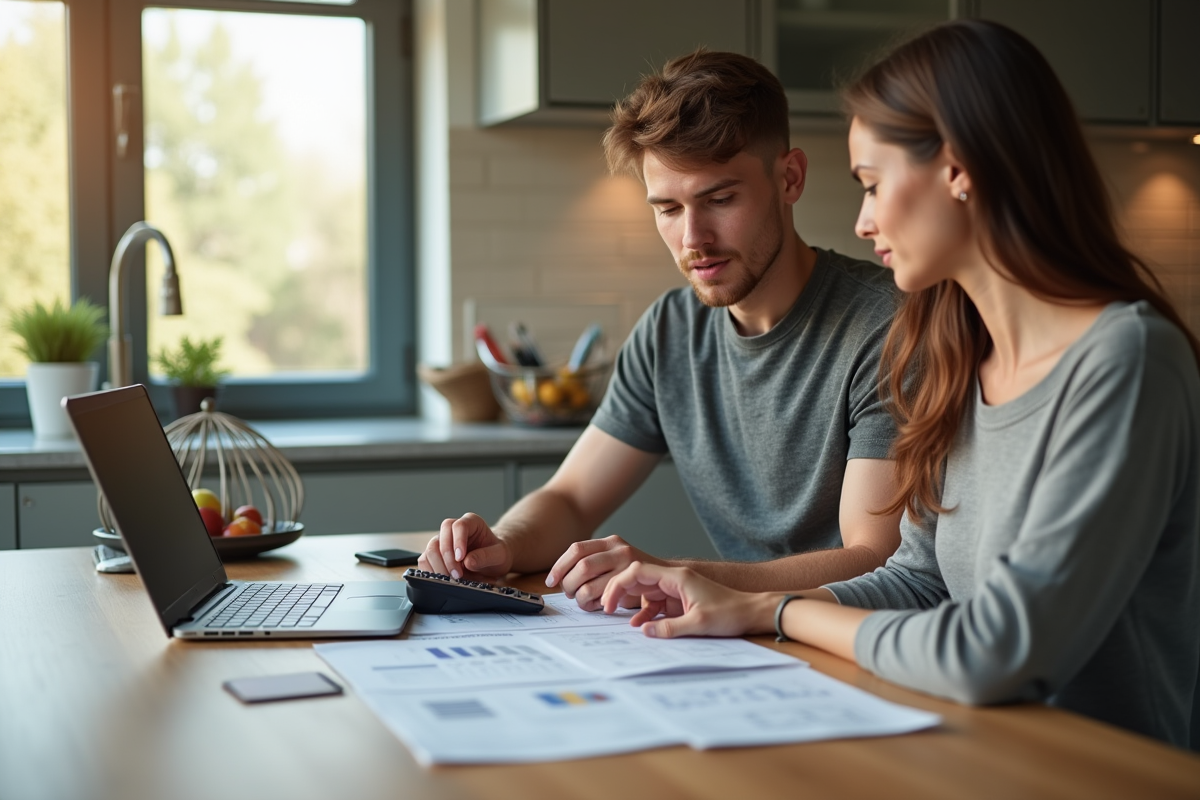 Jeune couple discutant finances à la maison