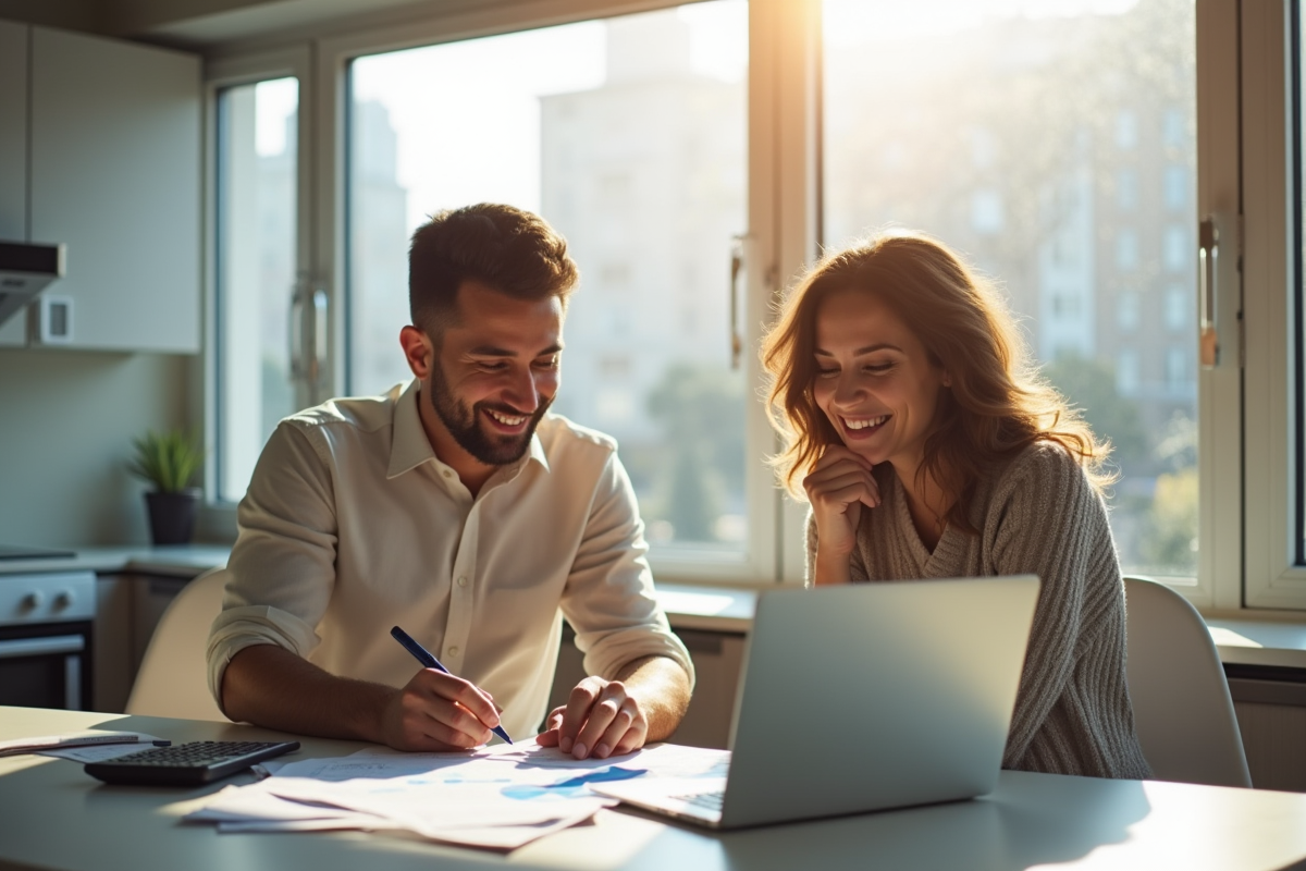 Couple analysant leurs dépenses dans une cuisine moderne