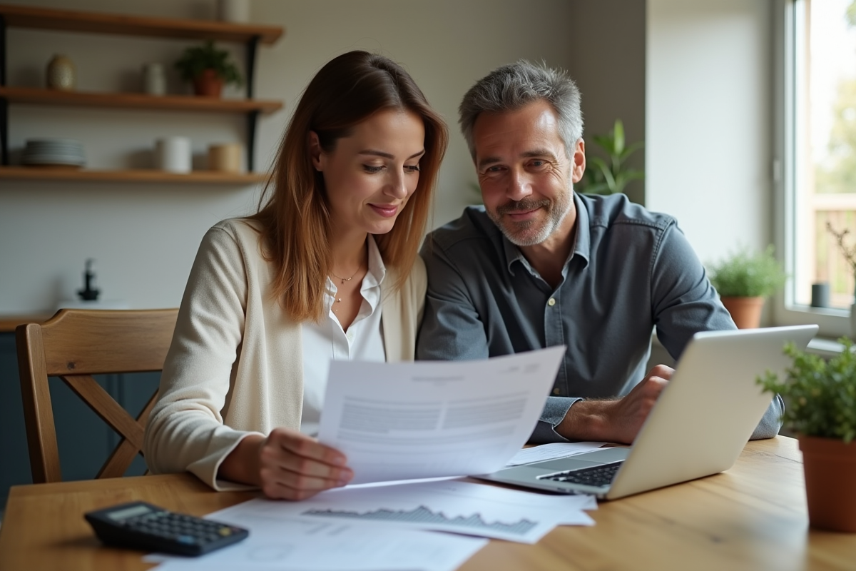Couple à la cuisine examinant des documents financiers