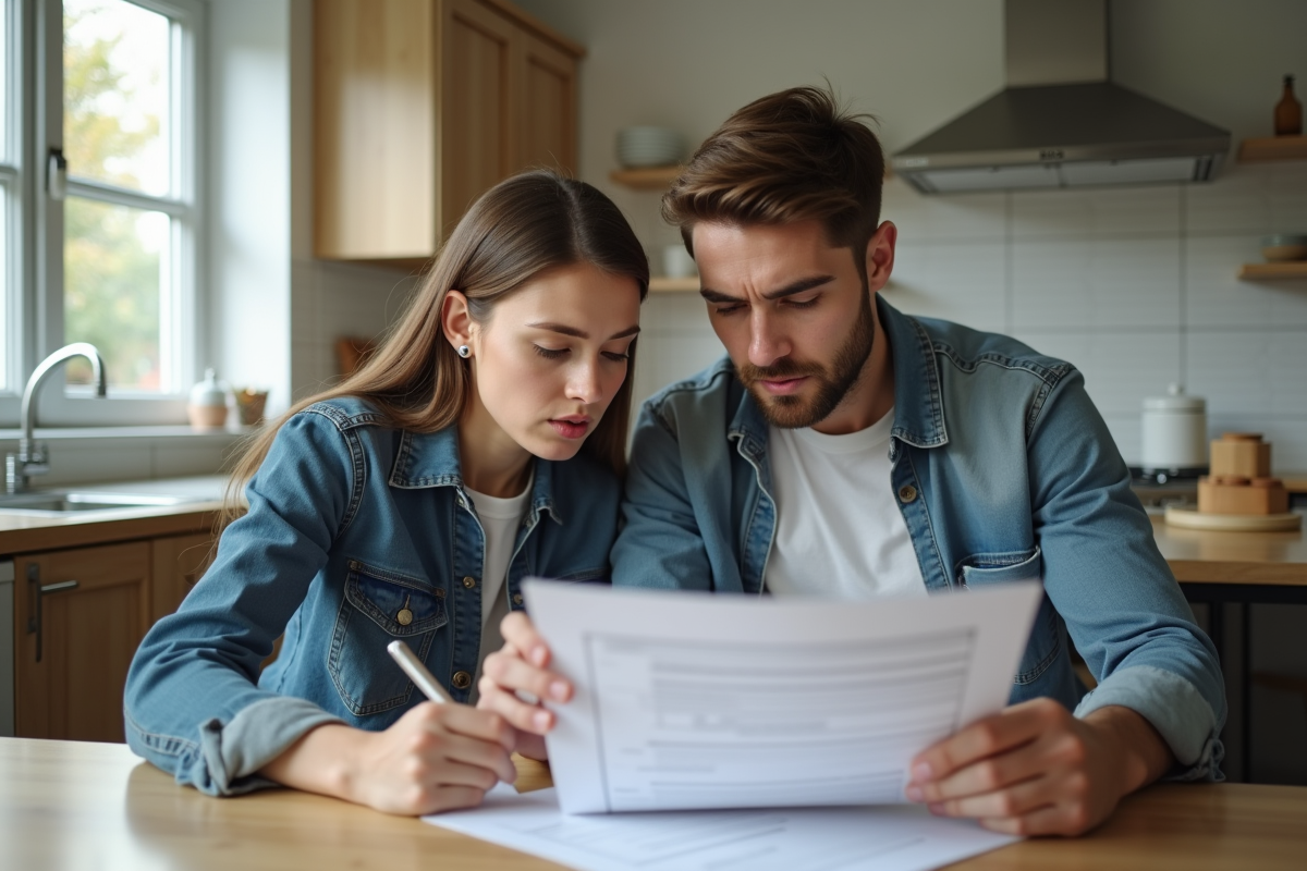 Jeune couple inquiet examinant documents de pret immobilier