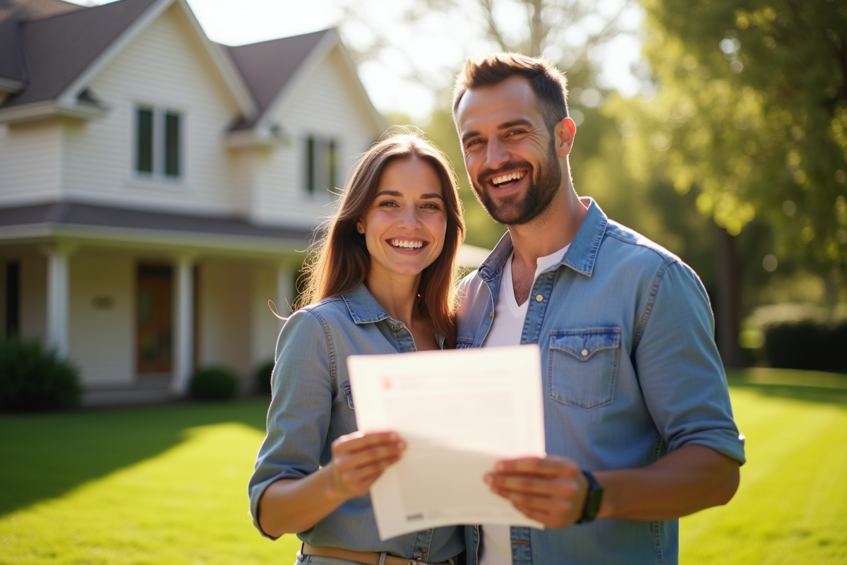 Couple heureux devant une maison vendue tenant des papiers financiers