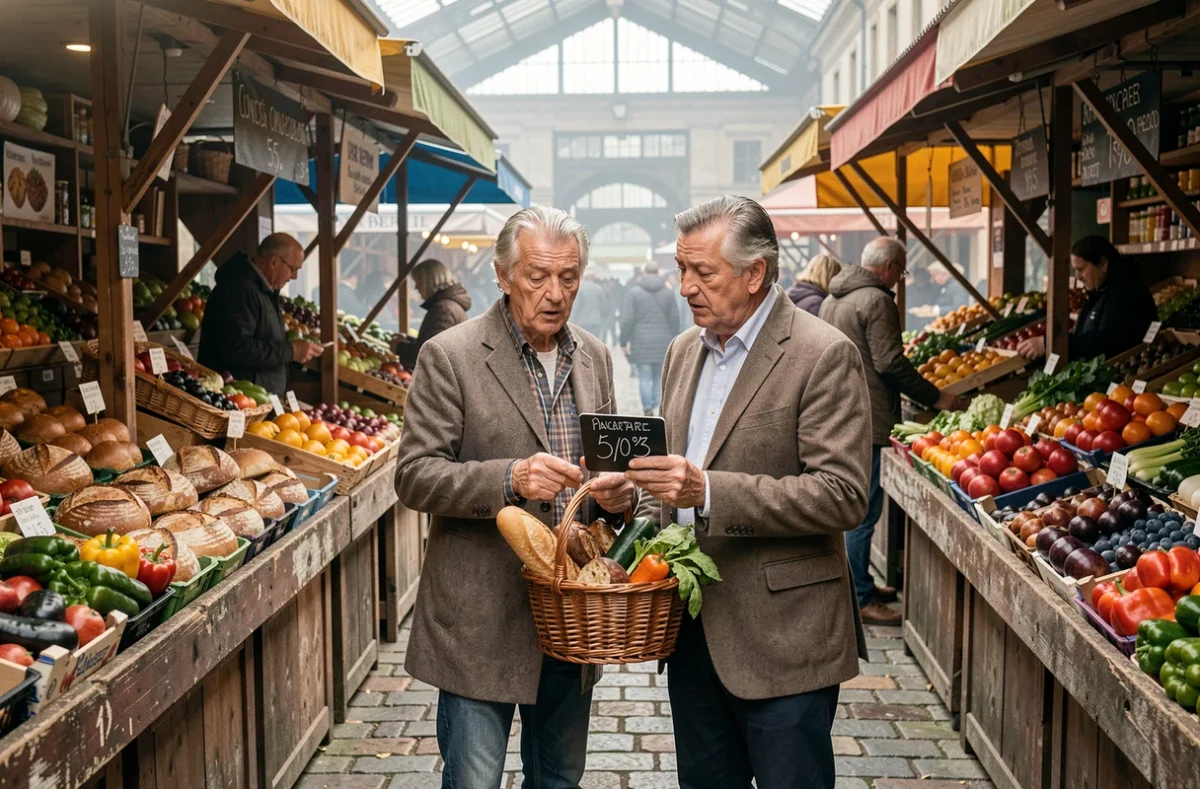 Couple de seniors au marché provençal tenant un panier de courses et observant les prix, symbole du pouvoir d'achat de 400 francs en euros aujourd'hui