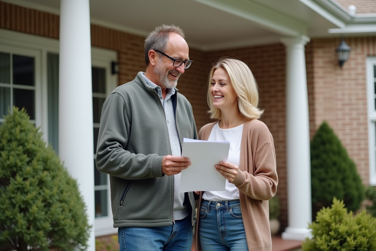 Couple discutant de papiers de mortgage devant leur maison moderne