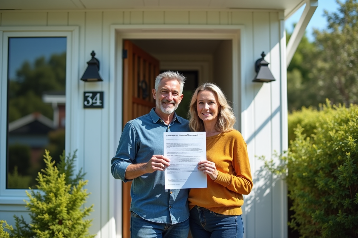Couple souriant devant leur maison avec un avis officiel
