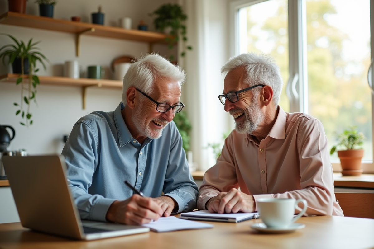 Couple retraité calculant ses finances à la cuisine ensoleillée