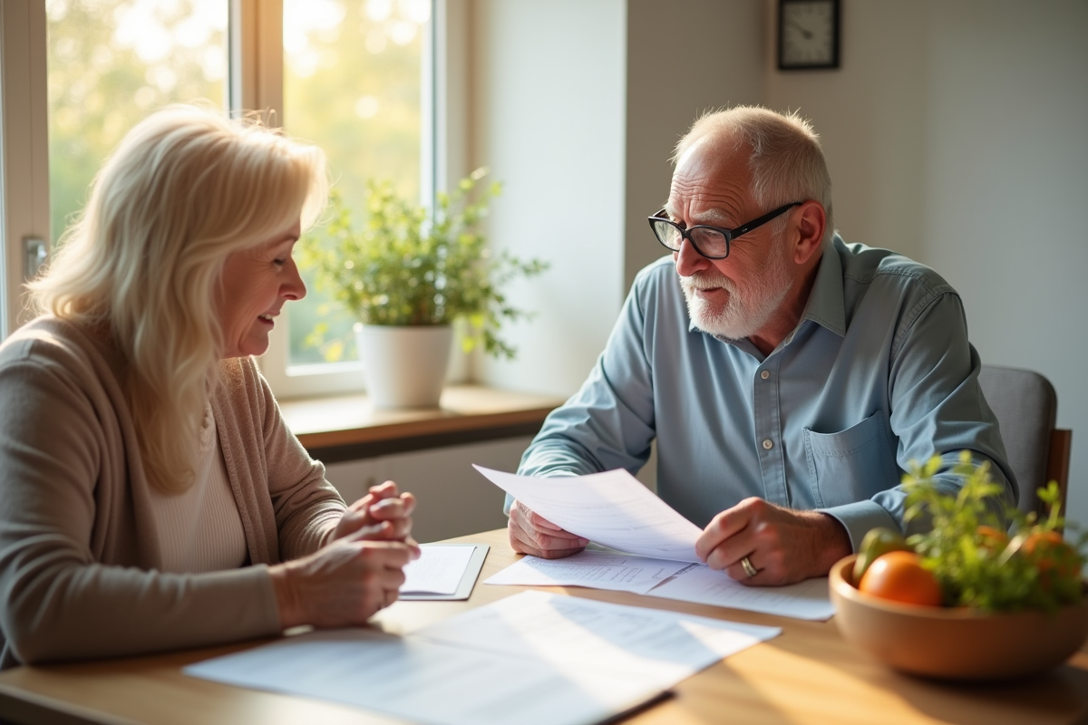Couple mature examinant documents de retraite à la maison
