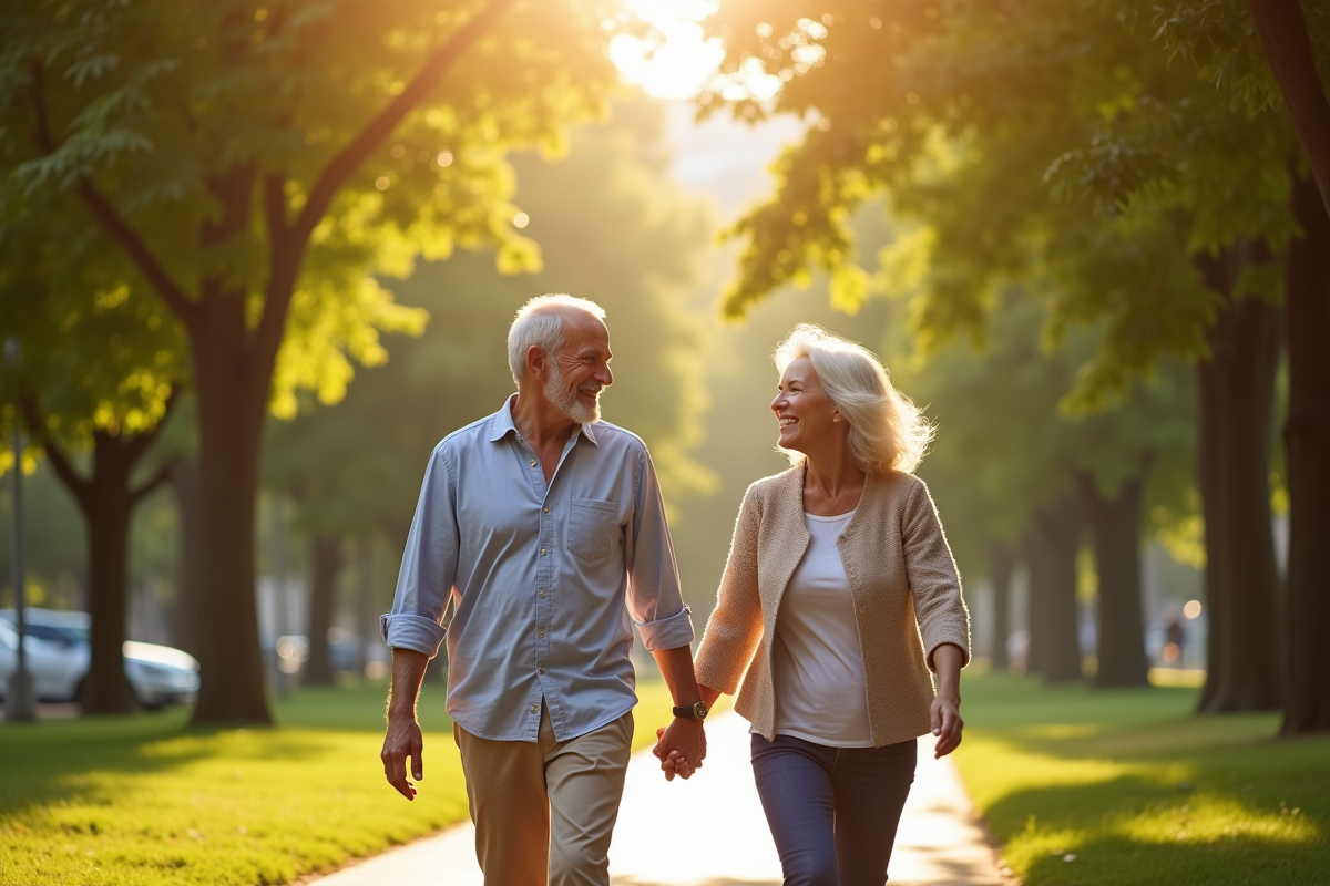 Couple senior marchant main dans la main dans un parc ensoleille