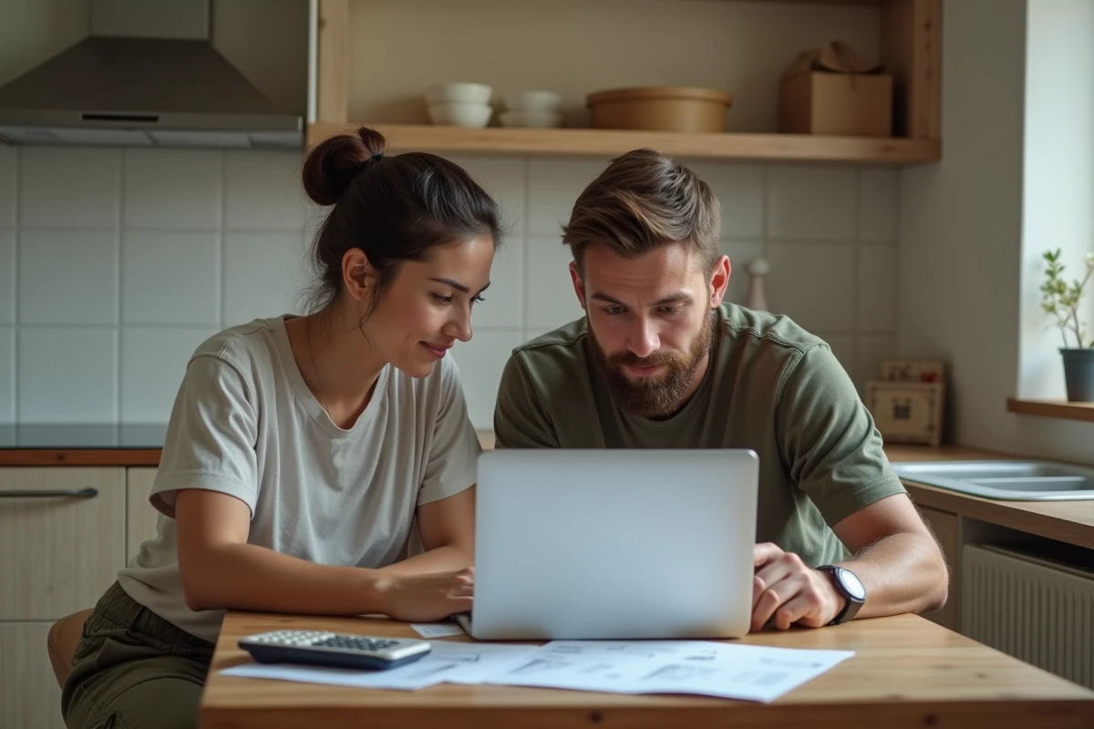 Couple consultant une simulation d'APL sur ordinateur portable avec des feuilles de budget lors d'un emménagement