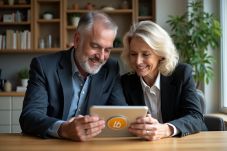 Couple d adultes examinant une tablette bitcoin dans un intérieur moderne