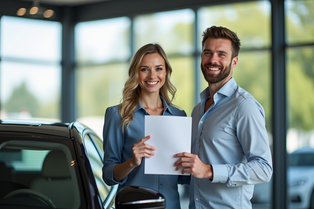Couple souriant avec documents de prêt devant une voiture neuve en concession