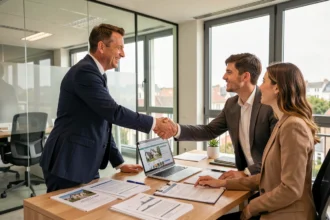 Un courtier immobilier professionnel en Essonne conseille un couple pour leur projet de crédit immobilier dans un bureau moderne