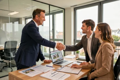 Un courtier immobilier professionnel en Essonne conseille un couple pour leur projet de crédit immobilier dans un bureau moderne
