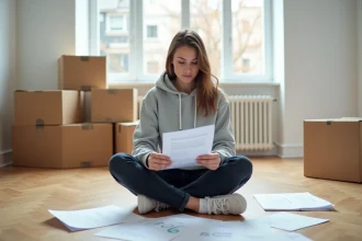 Jeune femme remplissant un dossier APL dans un appartement vide lors d'un emménagement, entourée de cartons